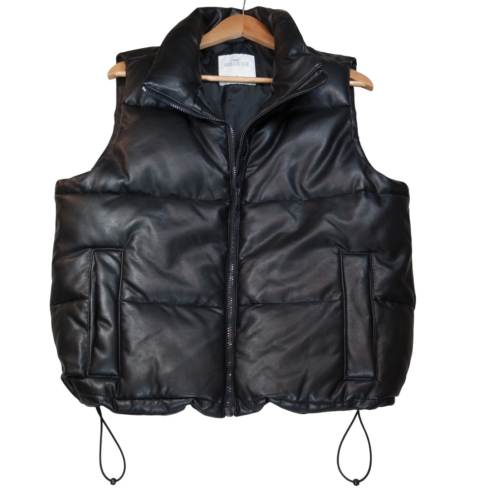 Hollister Womens Size M Black Faux Leather Puffer Vest Full Zip Drawstring Hem